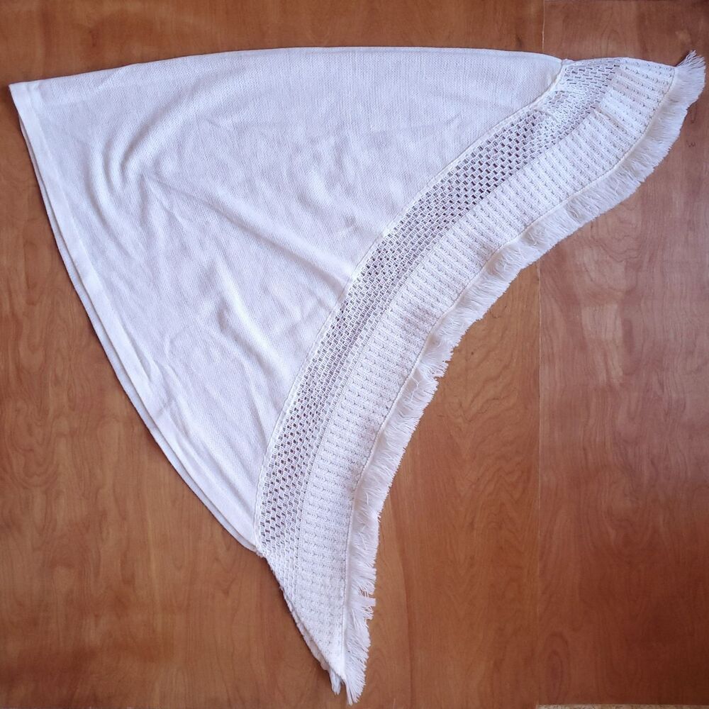 Vintage Glentex Shawl White Acrylic Triangle Wrap Grannycore Fringe Japan - Picture 4 of 8